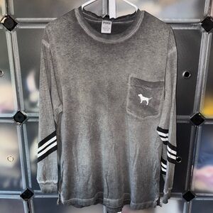 Victoria’s Secret PINK Dog Campus Long Sleeve Striped Sleeves Tee Washed Black M